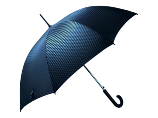 Elegant black umbrella with textured fabric, standing indoors near a window.  Sophisticated design, conveying protection, security, and style. Ideal for concepts of business, safety, or luxury.