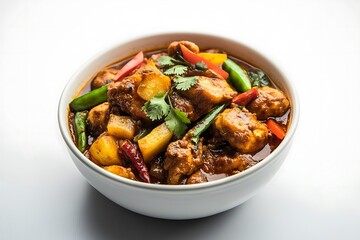 Bowl of Stir-Fried Chicken Masala with Vegetables on White Background – Spicy, Flavorful Indian Dish
