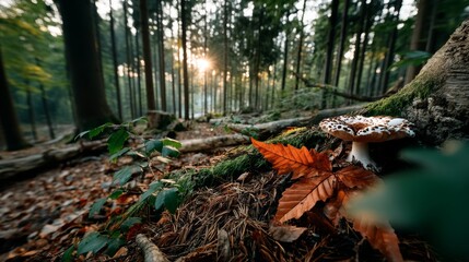 Obraz premium Mushroom Growth on Autumnal Forest Floor Enchanted Woodland Nature Photography Serene Atmosphere Close-up Perspective
