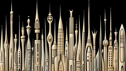 A stylized cityscape of futuristic towers against a black background.