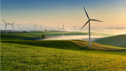 Clean energy landscape with fog and softly lit countryside