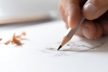 artist hand holding pencil with incomplete drawing on clean white sheet