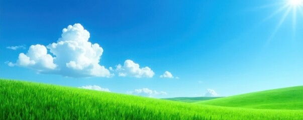 Fototapeta premium serene blue sky with few white clouds against a light green landscape, peaceful scene, scenery