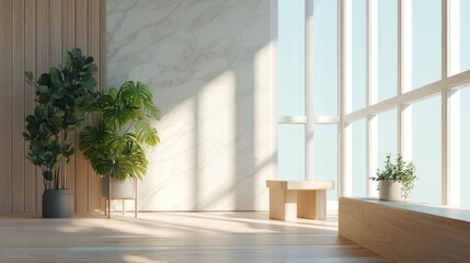 capture sunlit space with natural elements that exemplify biophilic design like room filled with greenery and sunlight