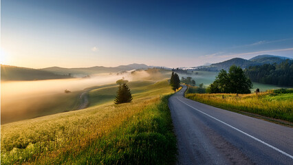 Serene scenic drive with golden fog and soft morning shadows
