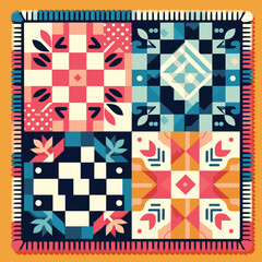 Fototapeta premium Colorful geometric pattern quilt design with vibrant elements on warm background, representing art and creativity