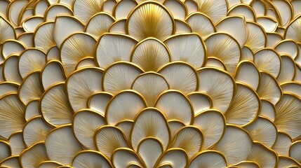 Gold and white flower pattern with many petals. The gold and white colors give the impression of luxury and elegance. The intricate design of the petals suggests a sense of sophistication