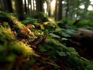 Obraz premium Mushrooms Growing on Lush Forest Floor Enchanted Woods Nature Photography Serene Environment Close-Up View Organic Beauty