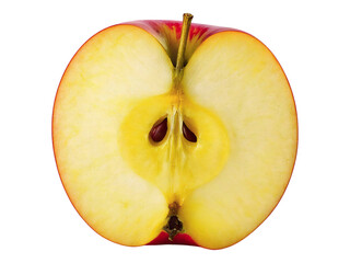 A perfectly halved apple, showcasing its vibrant yellow flesh and crisp texture against a pure white backdrop.