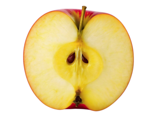 A perfectly halved apple, showcasing its vibrant yellow flesh and crisp texture against a pure white backdrop.