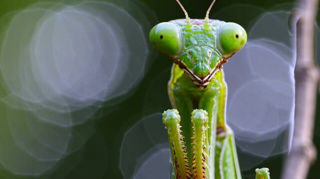 praying mantis on a green leaf - closeup