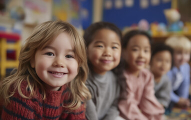 Obraz premium group of happy, multiethnic children sit together in classroom, smiling warmly. diverse group of kids is enjoying their time, showcasing sense of joy and friendship