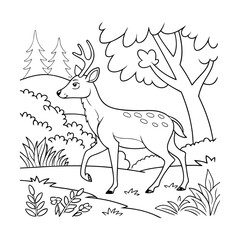 deer in the forest coloring book page vector illustration
