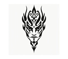 Tribal stylized face design, fierce, symmetrical pattern, on a white field
