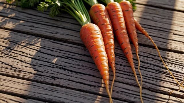 Fresh carrots on rustic wooden table, natural food concept with earthy tones