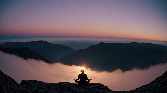 Person meditating on mountain at sunrise, peaceful time-lapse with fog and light