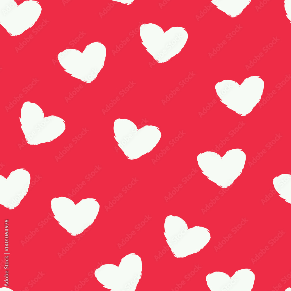 Poster The image features a repeating pattern of white heart shapes against a vibrant red background. The hearts are stylized with a slightly rough, brushstroke-like texture.