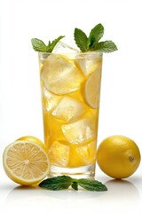 Iced lemonade with lime and mint leaves. A refreshing summer drink.