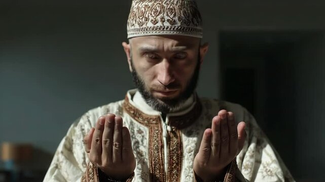 A Muslim guy making a dua or praying to God.