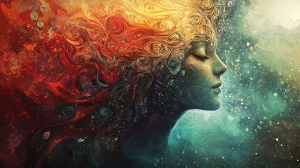 Woman with flowing hair depicted in colorful and artistic illustration