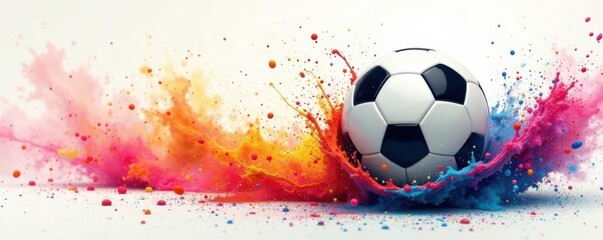 Naklejka premium Quick movement capturing a soccer ball being swiftly kicked from a splash of vibrant watercolors paint, action, soccer
