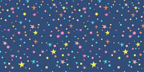The stars are in various shades of yellow, orange, pink, and blue, while the dots are in shades of pink, yellow, and orange. The pattern creates a playful and cheerful atmosphere.