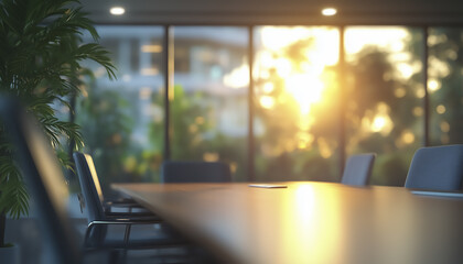 sunlit modern office boardroom with blurred background, featuring long wooden table and chairs, creating warm and inviting atmosphere