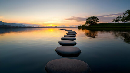 Peaceful Stone Path Leading To Sunrise Over Calm Water