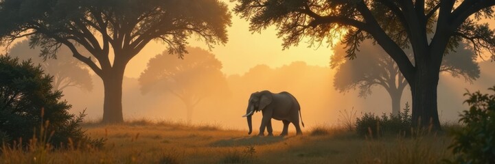 Obraz premium Elephant walks through dense acacia trees in morning fog, elephant, morning