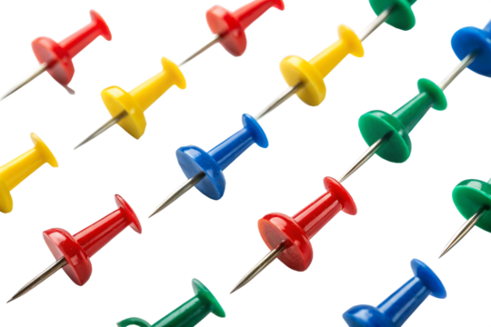 Close-up image of push pins, isolated on transparent background - generated by ai - Powered by Adobe