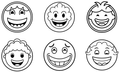 Cute Emoji Faces with Smiles - Character Illustrations, Cartoon Line Art