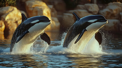 Obraz premium Two Orcas Leaping from Water at Sunset