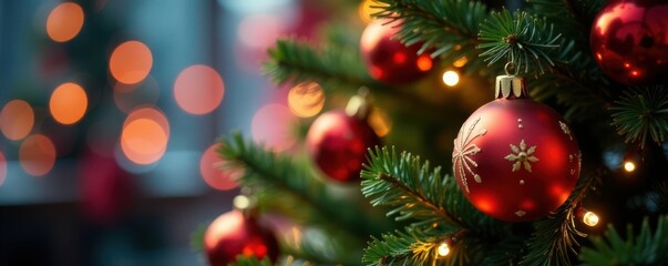 Colorful bauble-adorned Christmas tree amidst soft blurred lights glow , Blurred Lights, Vibrant Colors