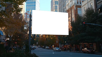 Large white billboard is on a street in a city. The billboard is empty, and the street is busy with cars and pedestrians. Concept of urban life and the constant movement of people and vehicles