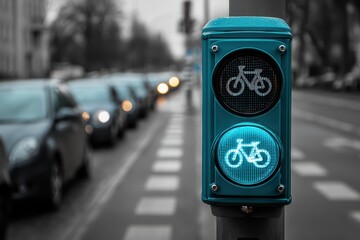 Urban Bike Traffic Signal Light Green Go Indicator on City Street with Cars Waiting