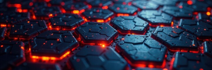Illuminated metal hexagons in a dark environment, dark, neon