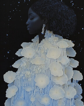 A mesmerizing artistic photograph of Yemanja, the Afro-Brazilian orisha of the sea, fertility, and motherhood, gracefully emerging from the ocean beneath a moonlit sky. She has deep, heavenly eyes, fl