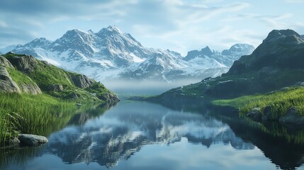 Fototapeta premium Scenic Mountain Lake with Snow Capped Peaks and Green Hills Reflection