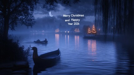 Obraz premium A serene night scene on a lake for Christmas celebrations