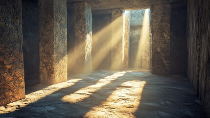 Obraz premium Sunlight Streaming Through Ancient Stone Structure Creating Dramatic Light Patterns