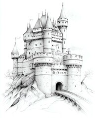 A detailed sketch of a magnificent medieval castle perched on a rocky hill, showcasing towers and a charming bridge.