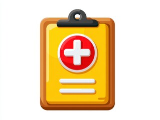 Obraz premium Yellow Clipboard Icon with Red Medical Cross on White Background