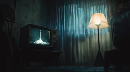 Obraz premium Old television displays rocket launch in a dimly lit room with lamp.
