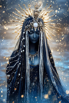 An artistic and mystical photograph of Yemanja, the orisha of the sea, depicted as a celestial goddess emerging from the depths of the ocean. Her face is hidden by a veil of white beads and pearls, re