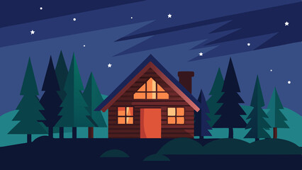 Fototapeta premium Cozy Cabin in the Woods Under a Starry Sky