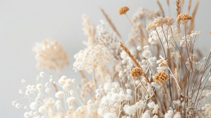 Delicate neutral-toned dried flowers captured in soft light. Great for home decor, calm mood, or seasonal autumn and wedding themes.
