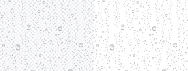 Water rain or shower drops seamless border isolated on transparent background. Realistic pure droplets condensed texture. Vector clear vapor bubbles on window glass surface
