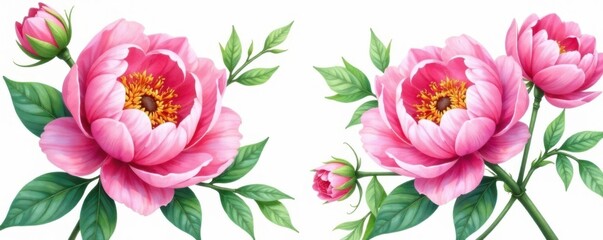 Watercolor peony bouquet with greenery, blooms, garden flowers