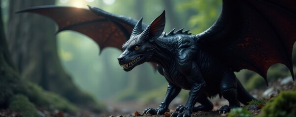Fototapeta premium A dark winged creature with pointed ears and sharp teeth, bats, nighttime