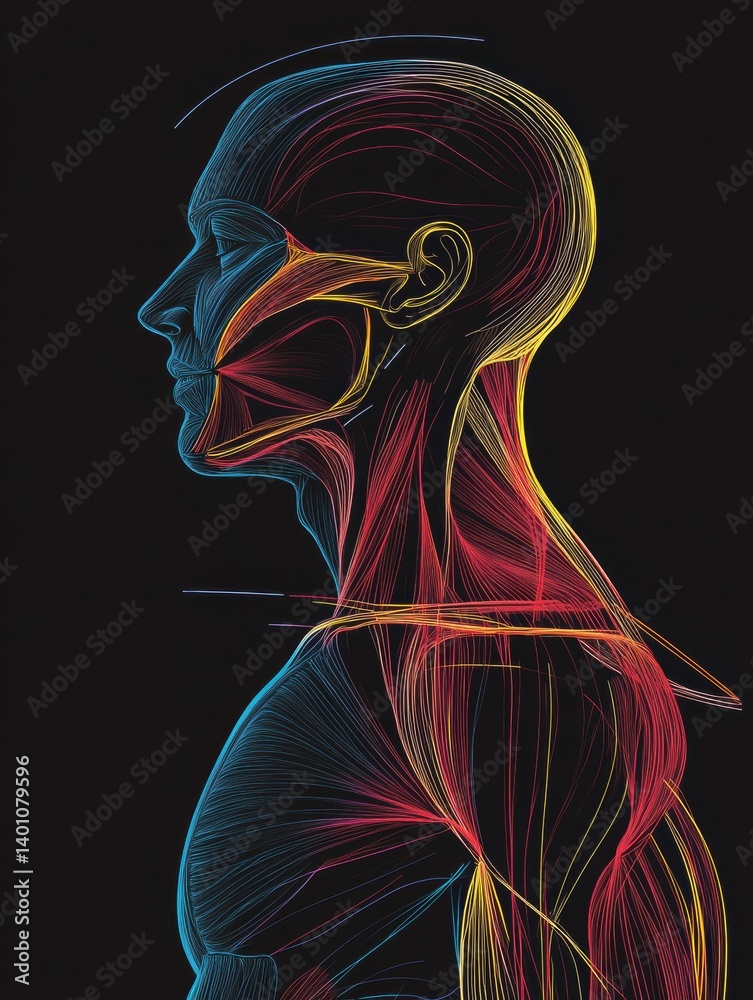 Poster muscle groups illustrated in color-coded lines over a black background showcasing anatomy in a moder